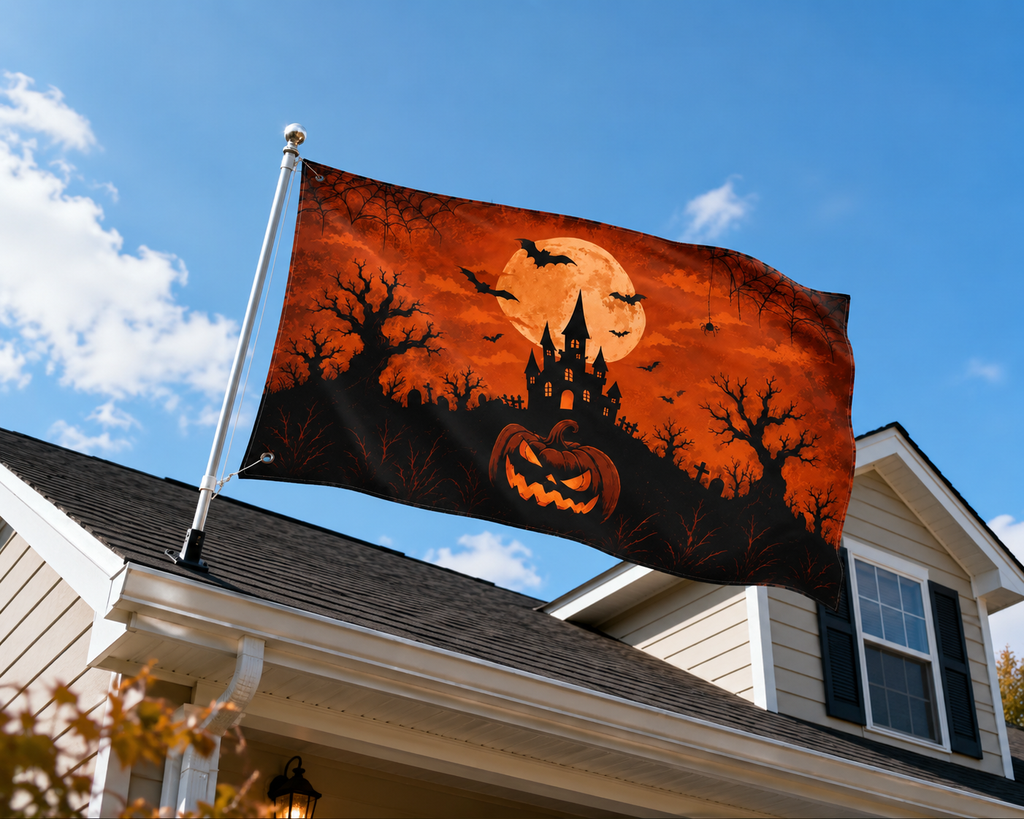 Halloween Haunted House Garden Flag - Gothic Castle & Pumpkin Outdoor Spooky Decor