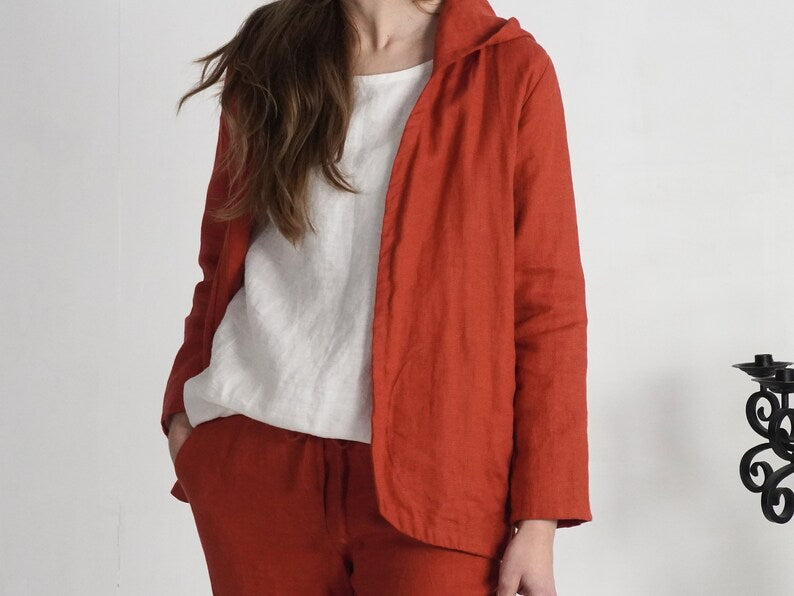 Linen Hooded Jacket - Women's Long Sleeve Cardigan with Pockets & Lightweight Summer Outerwear