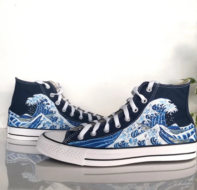 Hand-Painted Wave Canvas Sneakers - Custom Japanese Ukiyo-e Art Shoes & High Top Ocean Wave Kicks