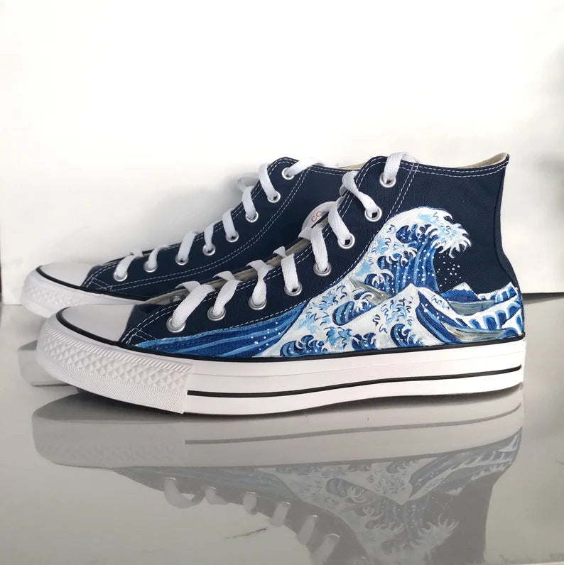 Hand-Painted Wave Canvas Sneakers - Custom Japanese Ukiyo-e Art Shoes & High Top Ocean Wave Kicks