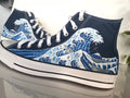 Hand-Painted Wave Canvas Sneakers - Custom Japanese Ukiyo-e Art Shoes & High Top Ocean Wave Kicks