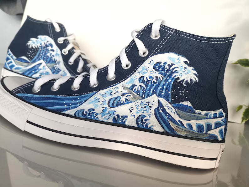 Hand-Painted Wave Canvas Sneakers - Custom Japanese Ukiyo-e Art Shoes & High Top Ocean Wave Kicks