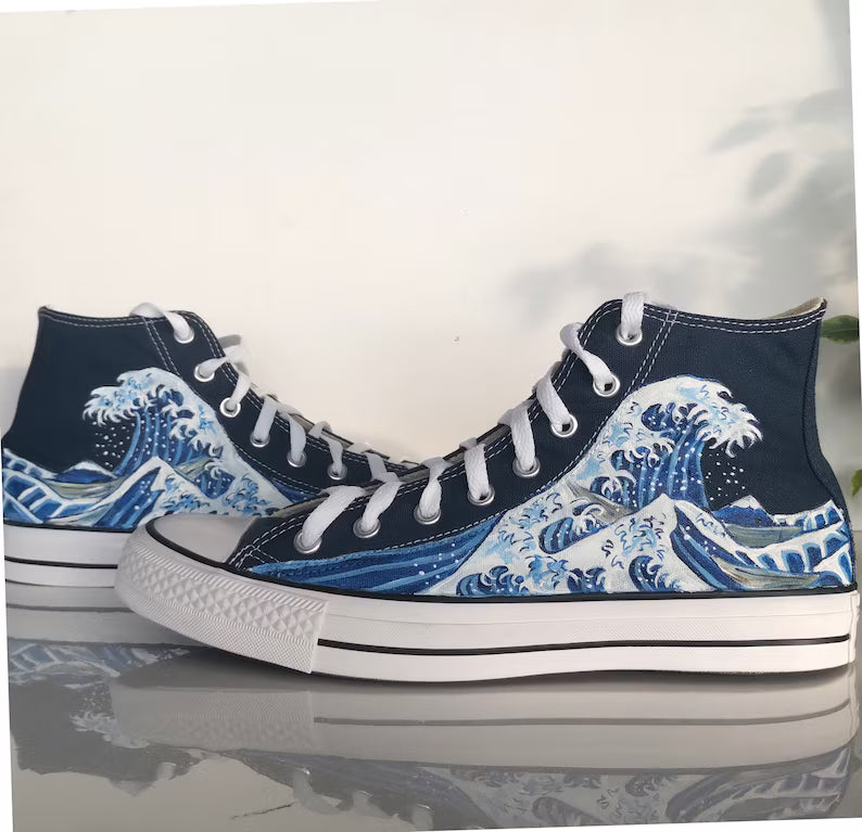Hand-Painted Wave Canvas Sneakers - Custom Japanese Ukiyo-e Art Shoes & High Top Ocean Wave Kicks