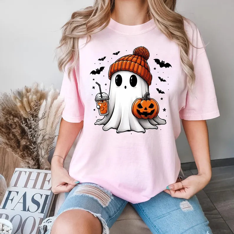 Cute Ghost and Pumpkin Womens Shirt