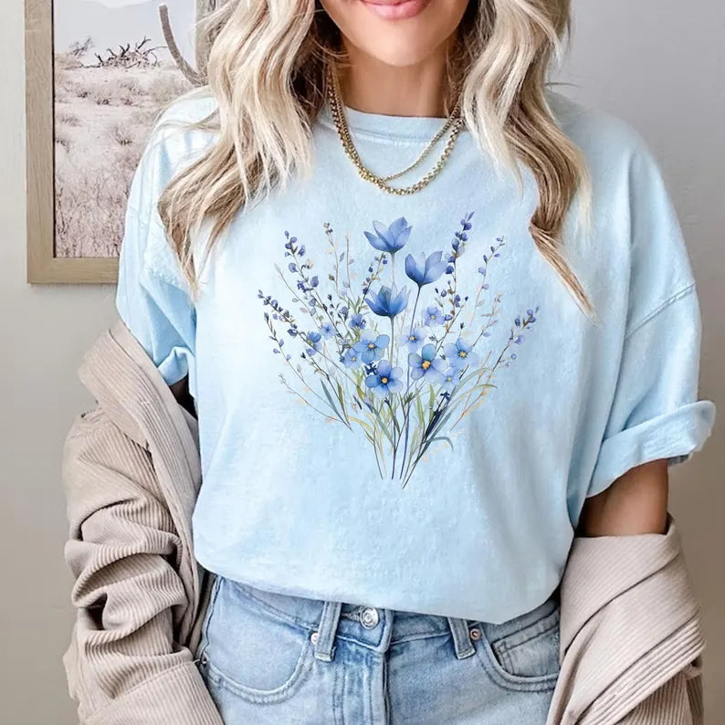 Blue Flower Bouquet Shirt - Retro Floral Plant Lady T-Shirt, Gift for Nature Lovers