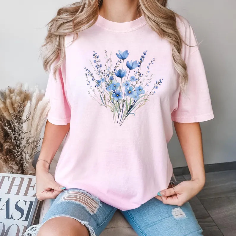 Blue Flower Bouquet Shirt - Retro Floral Plant Lady T-Shirt, Gift for Nature Lovers