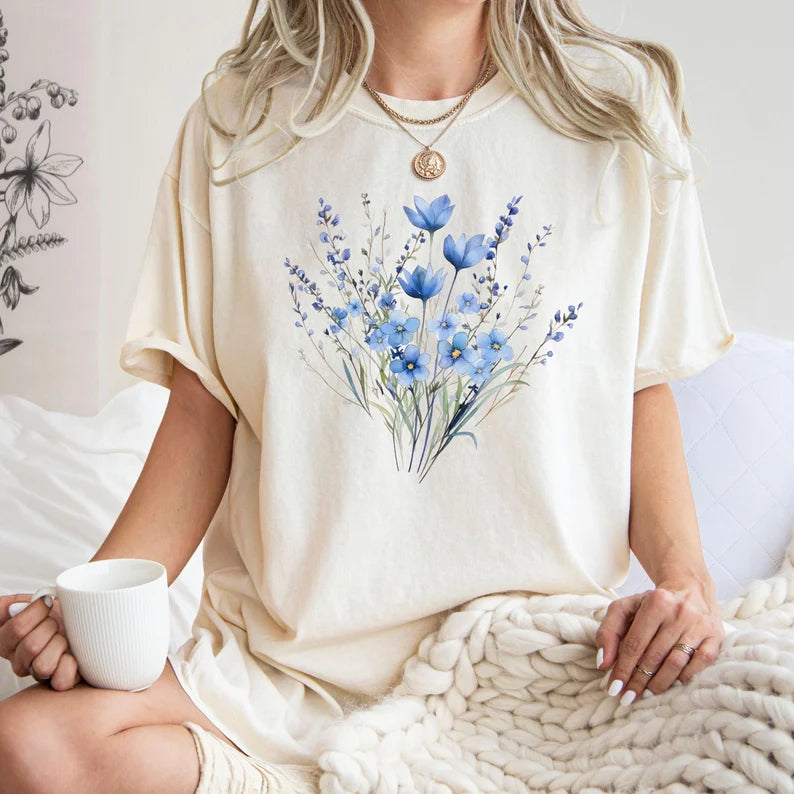 Blue Flower Bouquet Shirt - Retro Floral Plant Lady T-Shirt, Gift for Nature Lovers