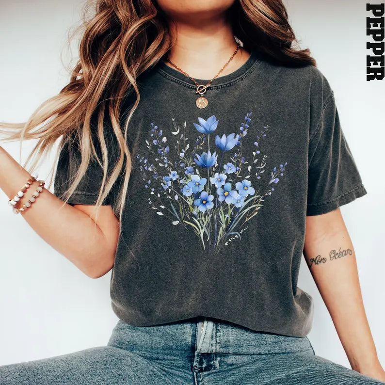 Blue Flower Bouquet Shirt - Retro Floral Plant Lady T-Shirt, Gift for Nature Lovers