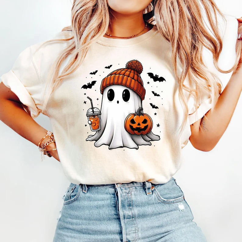 Cute Ghost and Pumpkin Womens Shirt