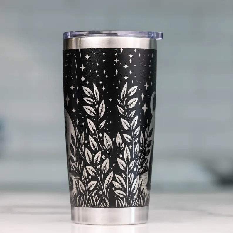 Engraved Cat Moon Floral Tumbler - 20oz Custom Stainless Steel Tumbler with Lid & Straw
