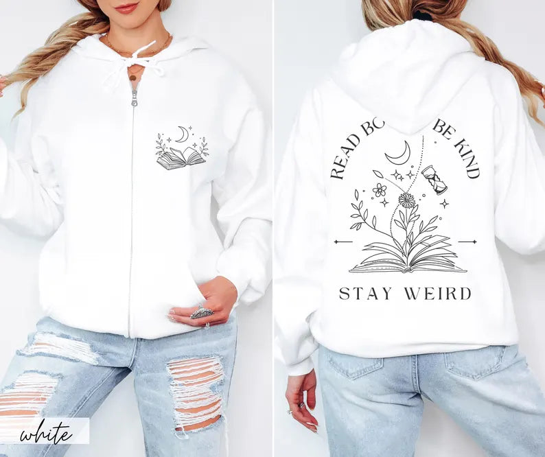 Whimsigoth Book Lover Zip-Up Hoodie | Read Books Be Kind Celestial Star Gazer Sweatshirt