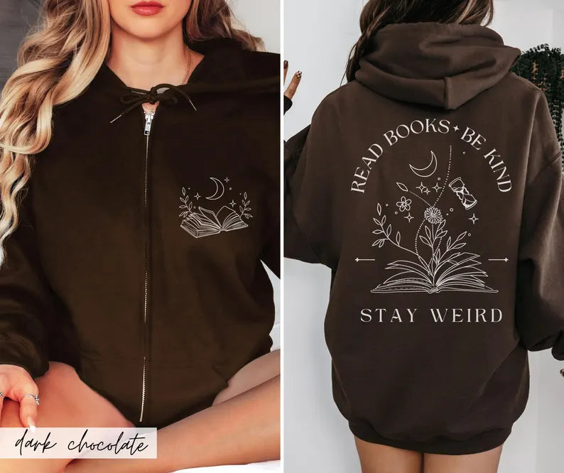 Whimsigoth Book Lover Zip-Up Hoodie | Read Books Be Kind Celestial Star Gazer Sweatshirt