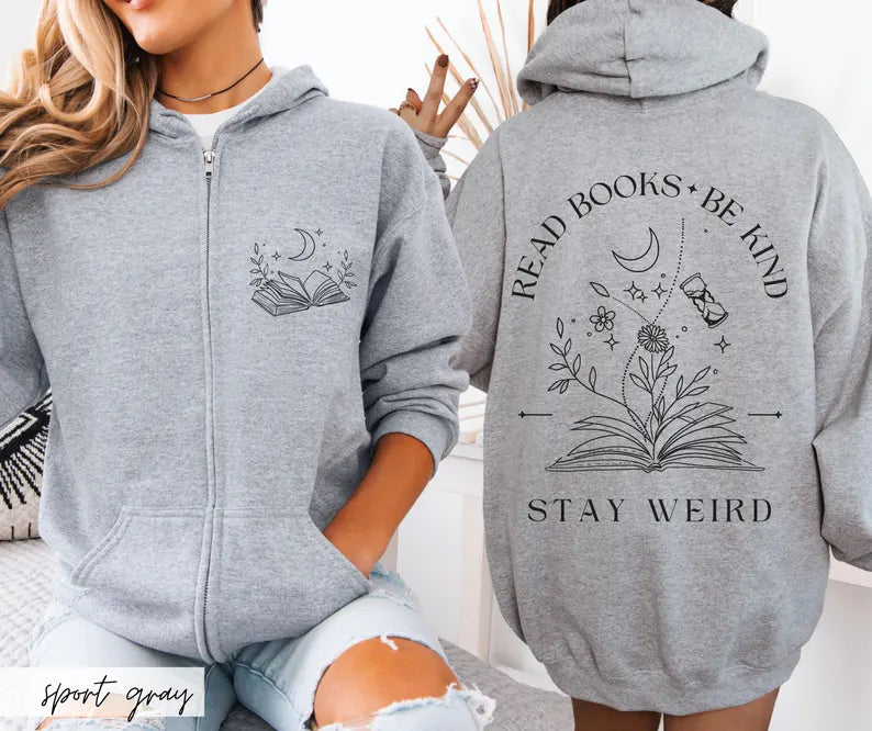 Whimsigoth Book Lover Zip-Up Hoodie | Read Books Be Kind Celestial Star Gazer Sweatshirt