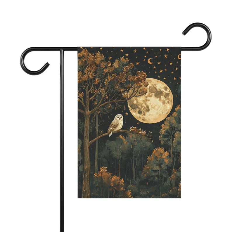 Moody Full Moon Night Owl Garden Flag 12x18 - Autumn Forest Owl Outdoor Yard Decor Banner