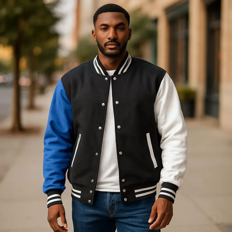 Patch Party Club Unisex Varsity Jacket - Blue, Black & White Letterman Jacket with Ribbed Cuffs