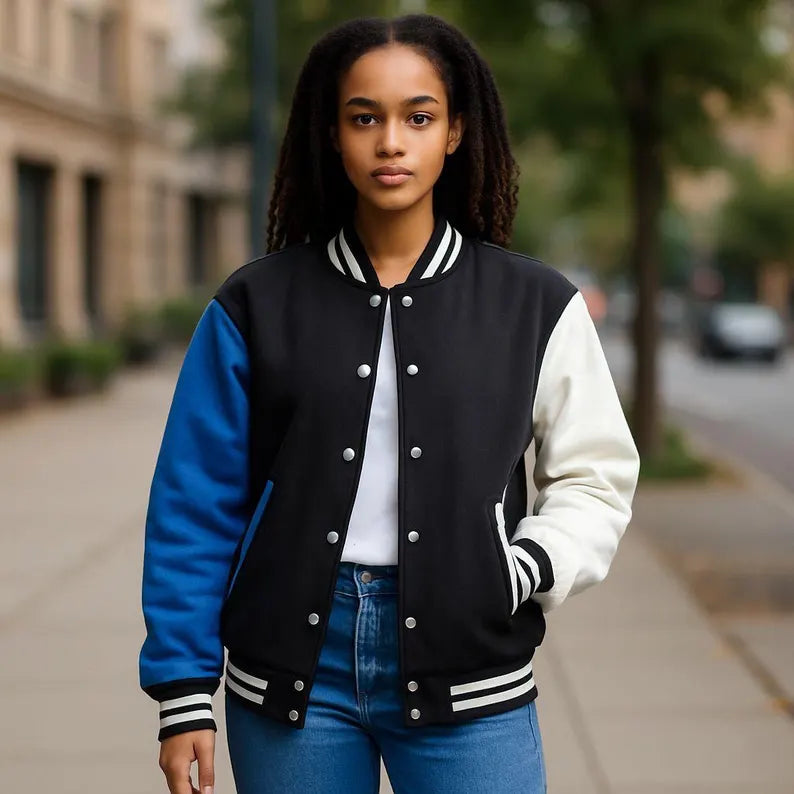 Patch Party Club Unisex Varsity Jacket - Blue, Black & White Letterman Jacket with Ribbed Cuffs