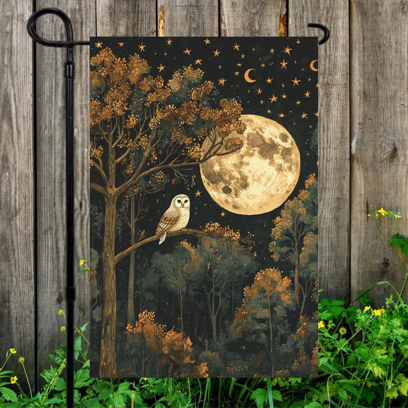 Moody Full Moon Night Owl Garden Flag 12x18 - Autumn Forest Owl Outdoor Yard Decor Banner