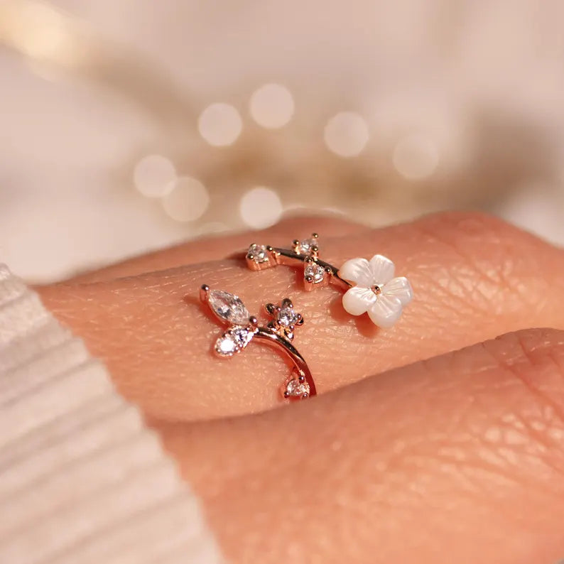 Birth Flower Ring 925 Sterling Silver - Mother of Pearl Sakura Adjustable Ring, Personalized Birthstone Gift