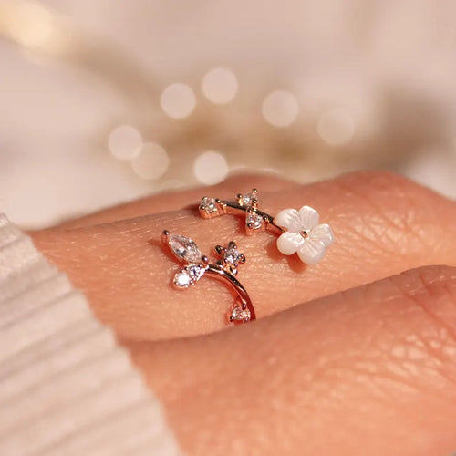 Birth Flower Ring 925 Sterling Silver - Mother of Pearl Sakura Adjustable Ring, Personalized Birthstone Gift