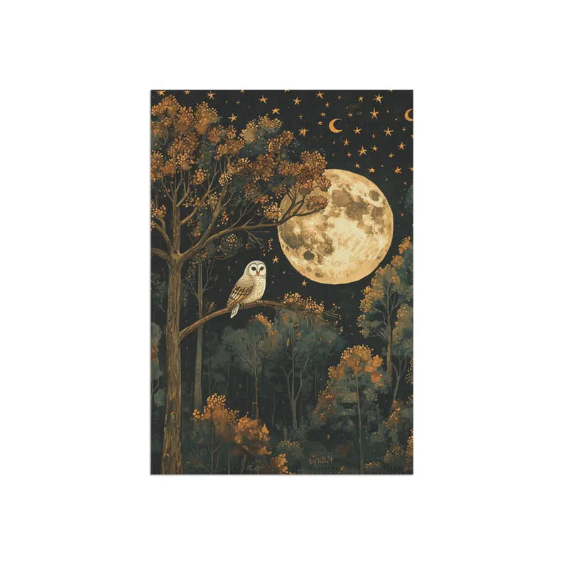 Moody Full Moon Night Owl Garden Flag 12x18 - Autumn Forest Owl Outdoor Yard Decor Banner