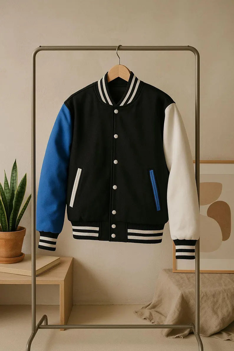 Patch Party Club Unisex Varsity Jacket - Blue, Black & White Letterman Jacket with Ribbed Cuffs