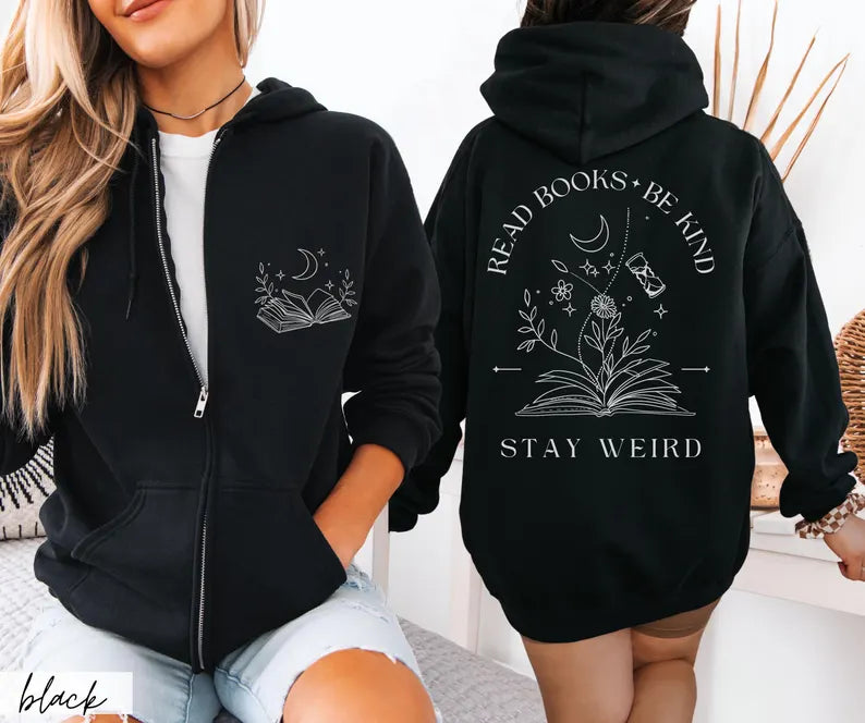 Whimsigoth Book Lover Zip-Up Hoodie | Read Books Be Kind Celestial Star Gazer Sweatshirt