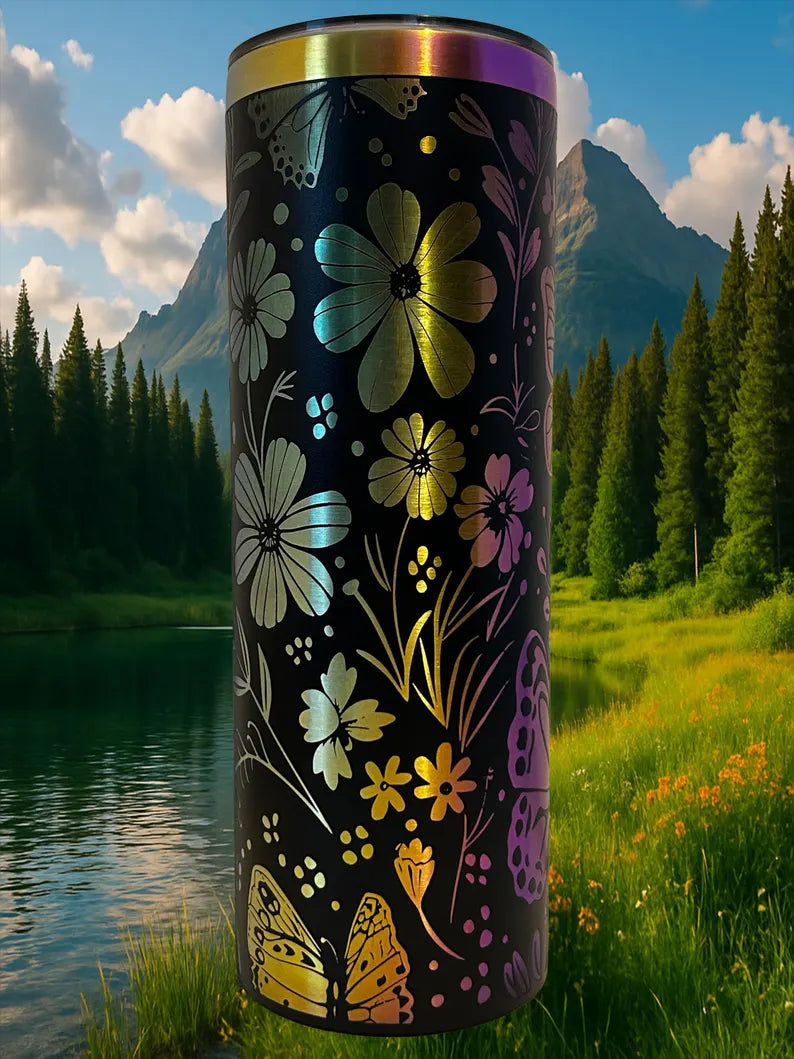 20 oz Rainbow Holographic Butterfly Tumbler - Laser Engraved Stainless Steel Floral Travel Cup