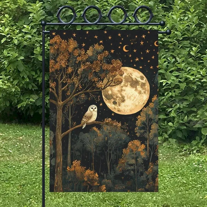 Moody Full Moon Night Owl Garden Flag 12x18 - Autumn Forest Owl Outdoor Yard Decor Banner