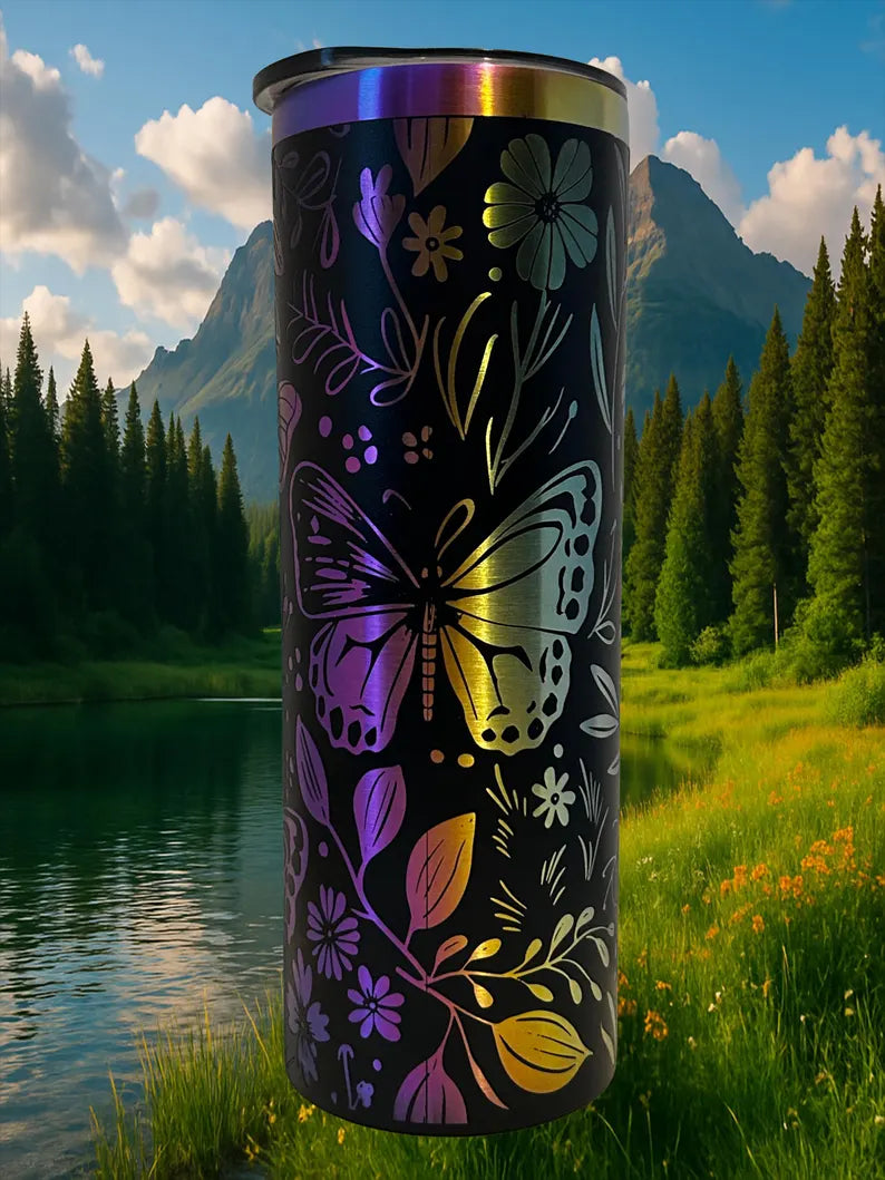20 oz Rainbow Holographic Butterfly Tumbler - Laser Engraved Stainless Steel Floral Travel Cup