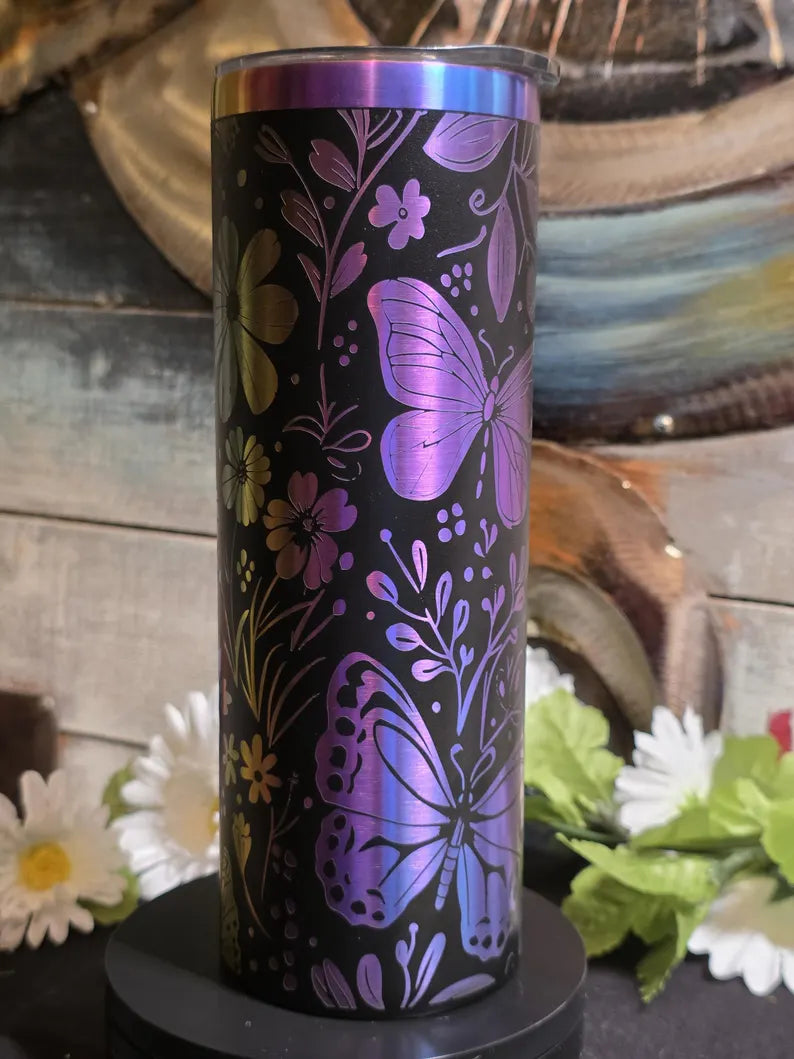20 oz Rainbow Holographic Butterfly Tumbler - Laser Engraved Stainless Steel Floral Travel Cup
