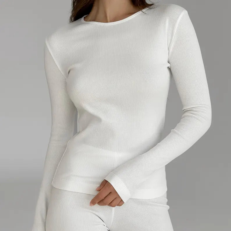 Cotton Ribbed Longsleeve Top - Comfortable Loungewear & Casual Layering Top for Women