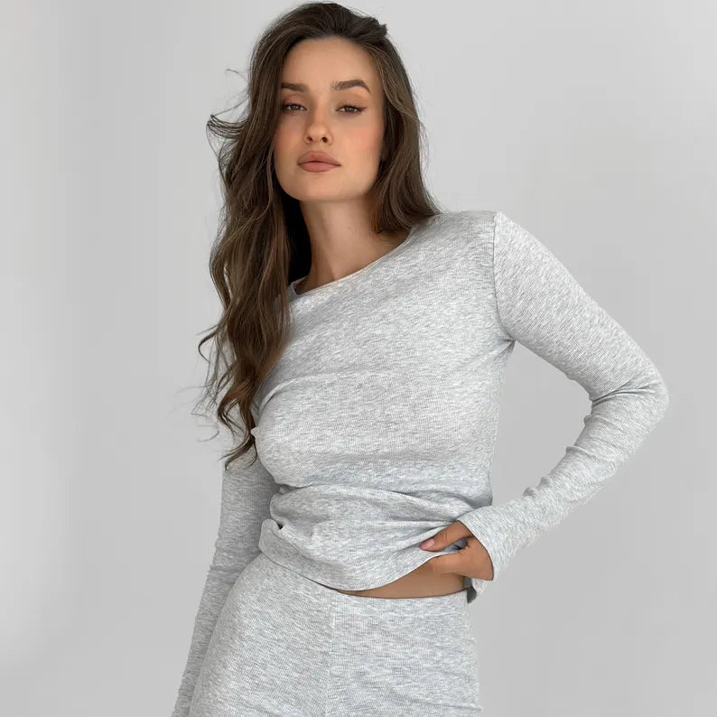 Cotton Ribbed Longsleeve Top - Comfortable Loungewear & Casual Layering Top for Women