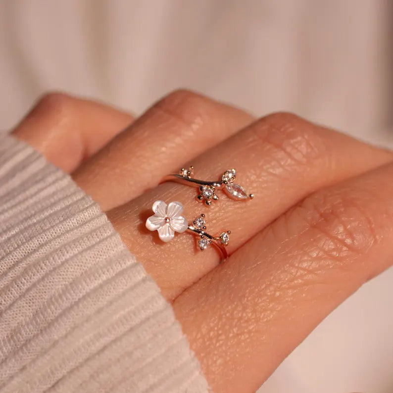 Birth Flower Ring 925 Sterling Silver - Mother of Pearl Sakura Adjustable Ring, Personalized Birthstone Gift