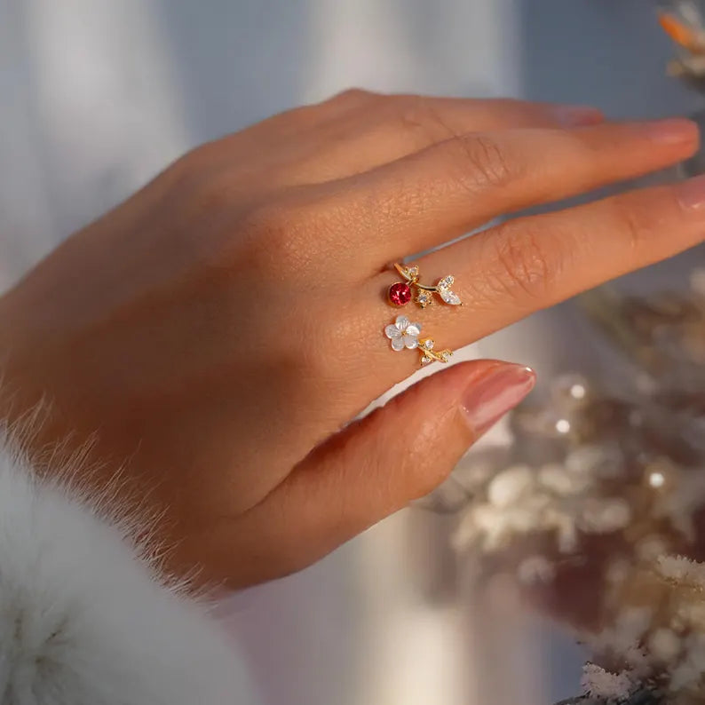 Birth Flower Ring 925 Sterling Silver - Mother of Pearl Sakura Adjustable Ring, Personalized Birthstone Gift