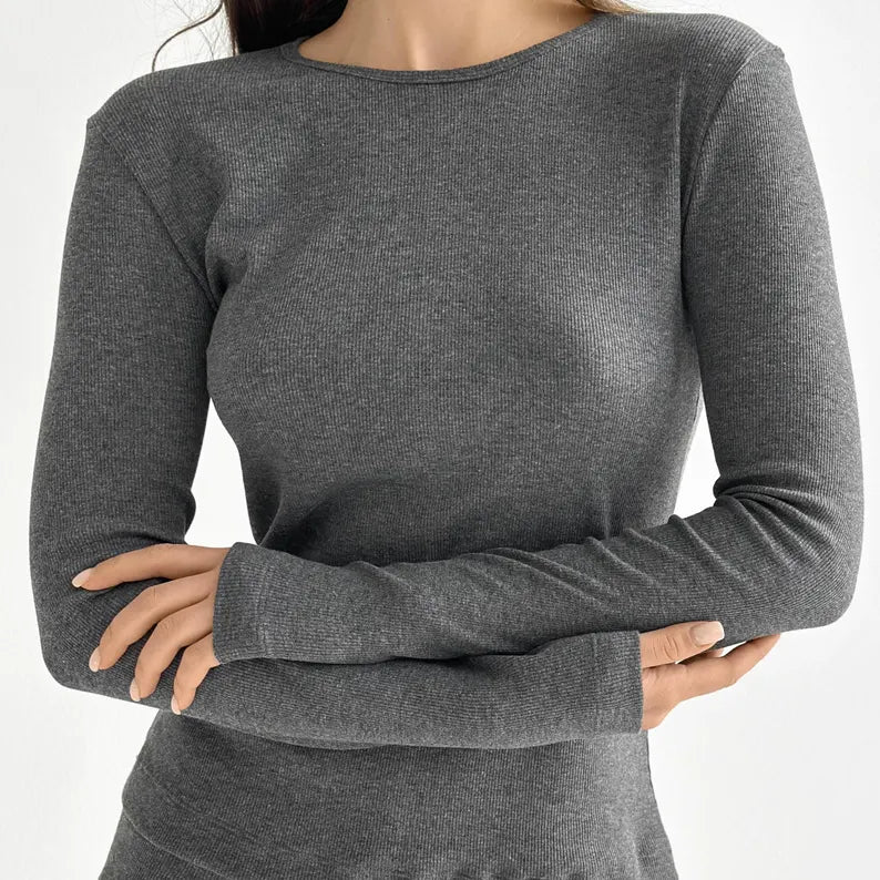 Cotton Ribbed Longsleeve Top - Comfortable Loungewear & Casual Layering Top for Women