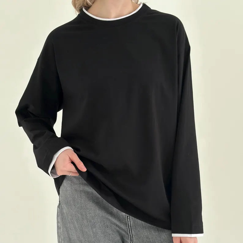 Cotton Oversized Pullover - Long Sleeve Casual Sweatshirt Top for Everyday Wear