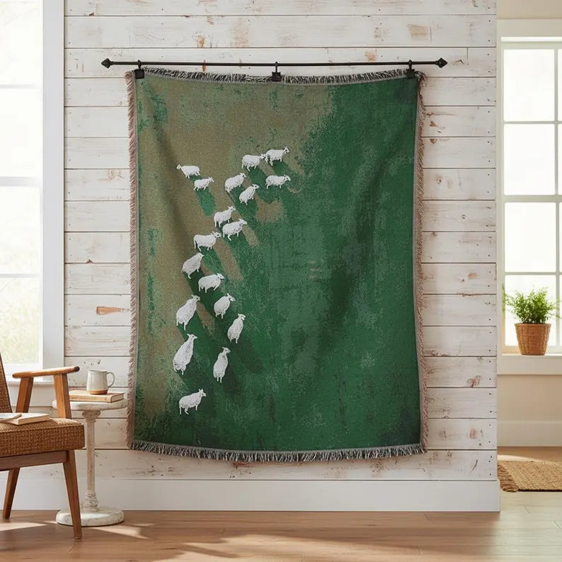 Sheep Tapestry Throw Blanket - Vintage Woven Field Landscape Wall Art & Countryside Meadow Blanket