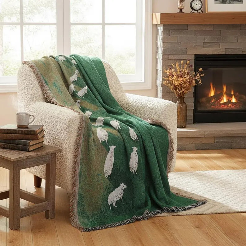 Sheep Tapestry Throw Blanket - Vintage Woven Field Landscape Wall Art & Countryside Meadow Blanket