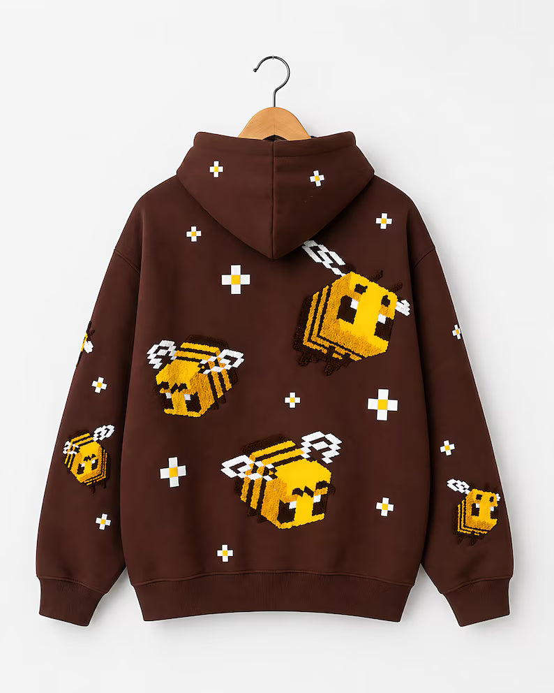 Brown Pixel Bee 3D Embroidered Hoodie | Oversized Fleece Streetwear Pullover
