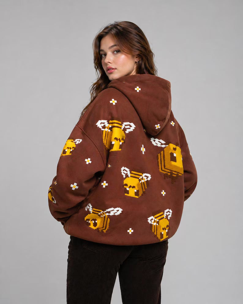 Brown Pixel Bee 3D Embroidered Hoodie | Oversized Fleece Streetwear Pullover