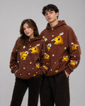 Brown Pixel Bee 3D Embroidered Hoodie | Oversized Fleece Streetwear Pullover