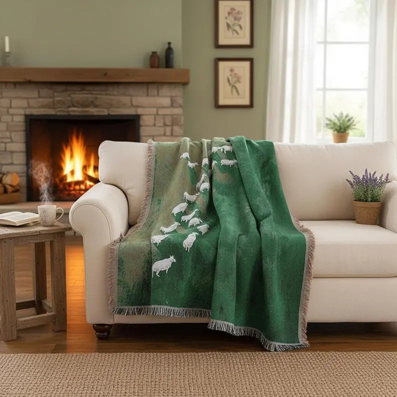 Sheep Tapestry Throw Blanket - Vintage Woven Field Landscape Wall Art & Countryside Meadow Blanket