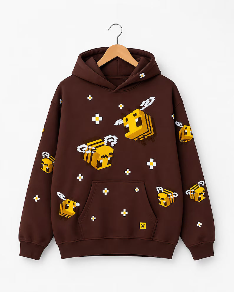Brown Pixel Bee 3D Embroidered Hoodie | Oversized Fleece Streetwear Pullover