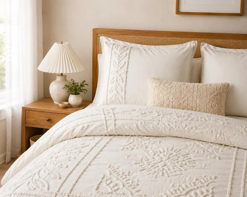 Flower Tufted Duvet Cover - 3 Piece 100% Cotton Bed Cover Set & White / Ivory Floral Bedding Set