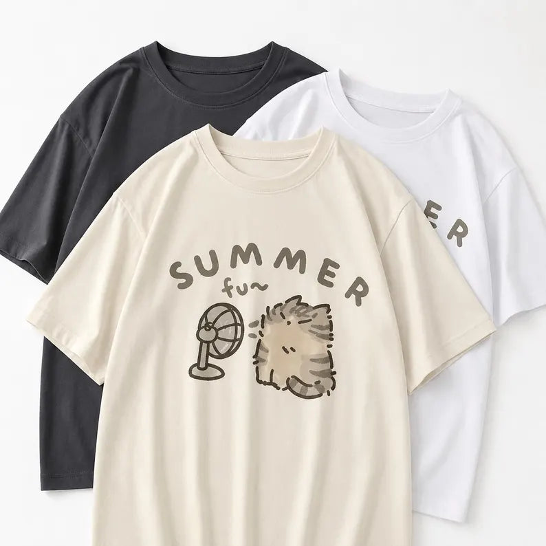 Retro Cat Graphic T-Shirt, Minimalist Korean Style Loose Fit Tee