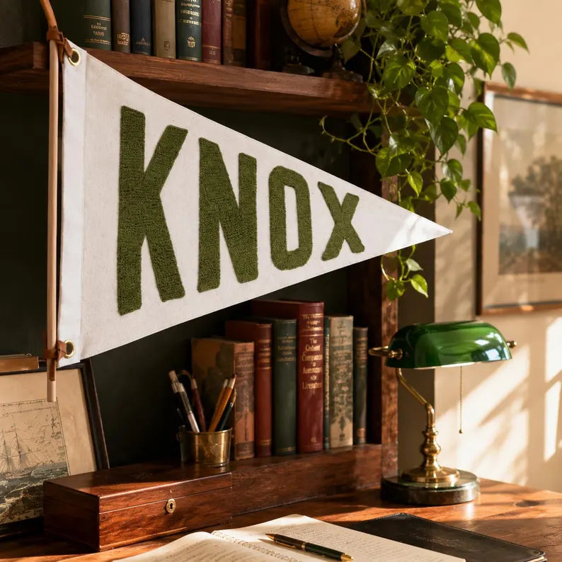 Custom Linen Pennant Flag - Tufted Felt Name Banner, Vintage College Style Room Decor