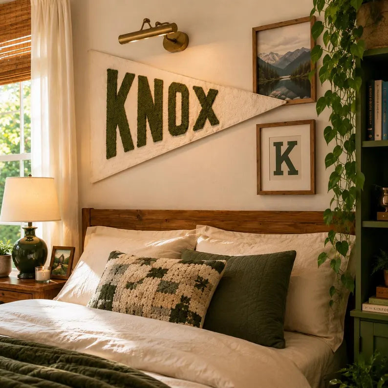 Custom Linen Pennant Flag - Tufted Felt Name Banner, Vintage College Style Room Decor