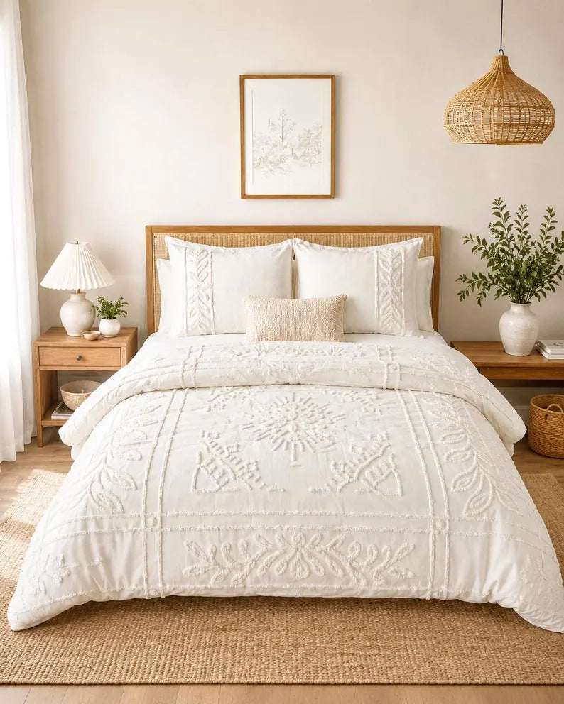 Flower Tufted Duvet Cover - 3 Piece 100% Cotton Bed Cover Set & White / Ivory Floral Bedding Set