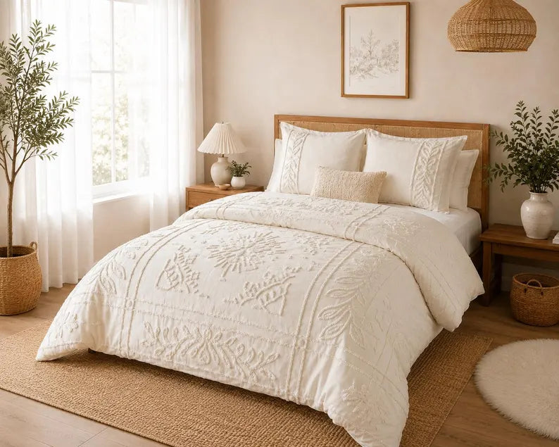 Flower Tufted Duvet Cover - 3 Piece 100% Cotton Bed Cover Set & White / Ivory Floral Bedding Set