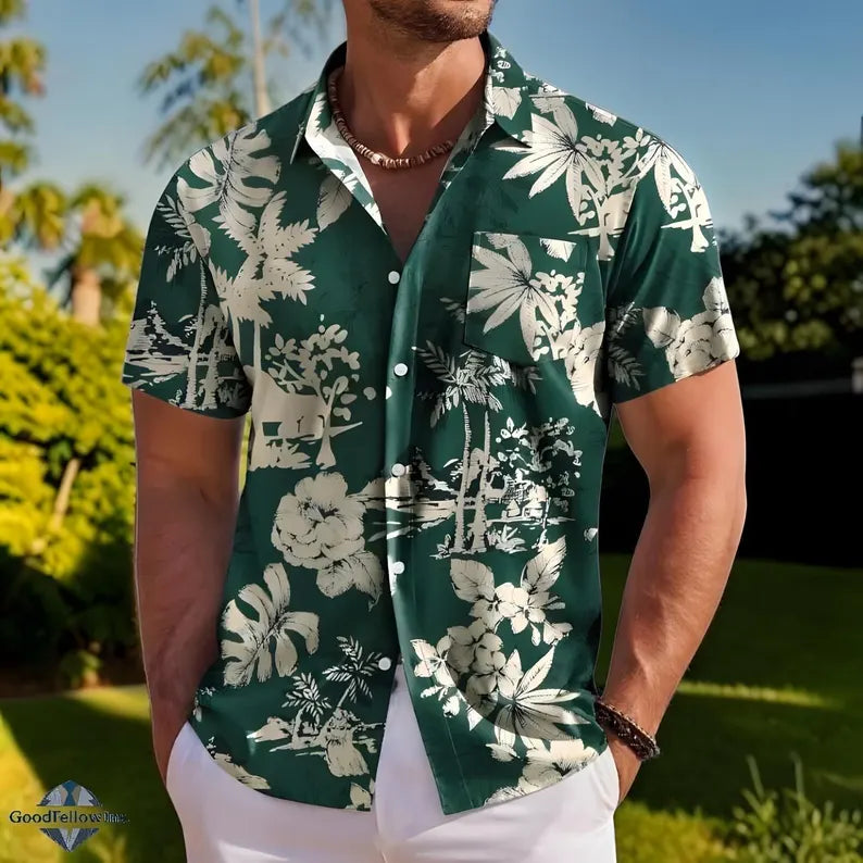 Men's Tropical Floral Print Short Sleeve Hawaiian Shirt